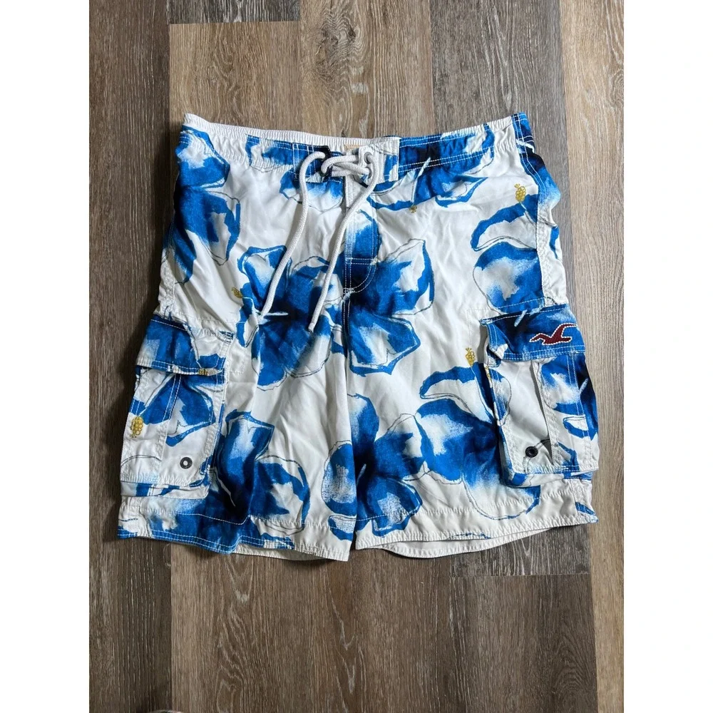 Hollister Mens Blue‎ White Hibiscus Floral Cargo Board Shorts Swim Trunks Size L